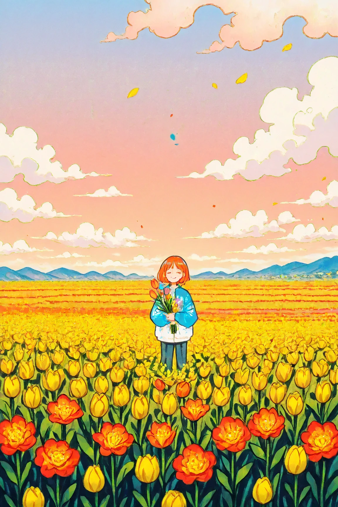  Smiling Middle-Aged Woman Holding a Bouquet of Flowers in a Tulip Field 、 Colorful Color Art ,  ,  Artwork” , Art Cover,   Psychedelic Hip Hop Album Jacket、In the flower field, perfect artwork, Painting Flower  ,  Artist's Magnificent Paintings , surrealist  , White Clouds on Orange Sky  , Yellow Petals Cover the Sky ,Detailed flower depiction