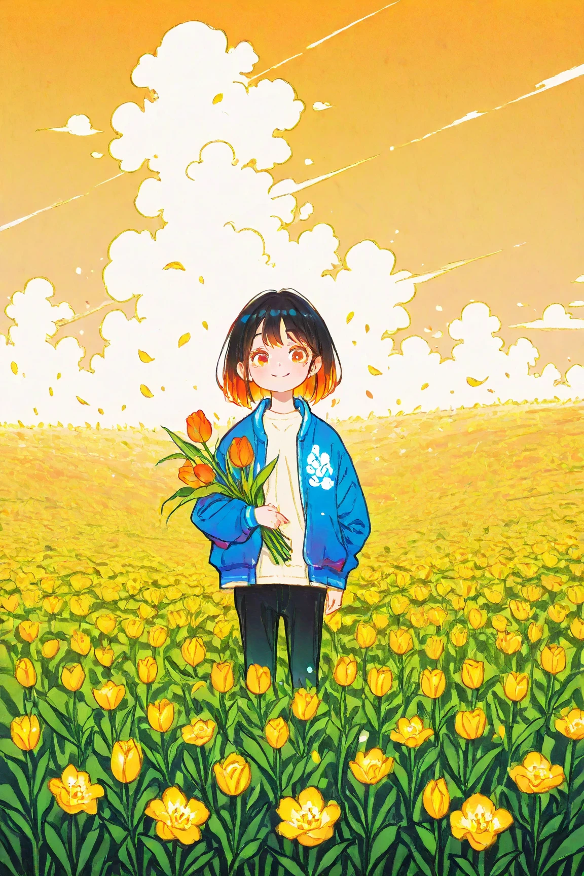  Smiling Middle-Aged Woman Holding a Bouquet of Flowers in a Tulip Field 、 Colorful Color Art ,  ,  Artwork” , Art Cover,   Psychedelic Hip Hop Album Jacket、In the flower field, perfect artwork, Painting Flower  ,  Artist's Magnificent Paintings , surrealist  , White Clouds on Orange Sky  , Yellow Petals Cover the Sky ,Detailed flower depiction