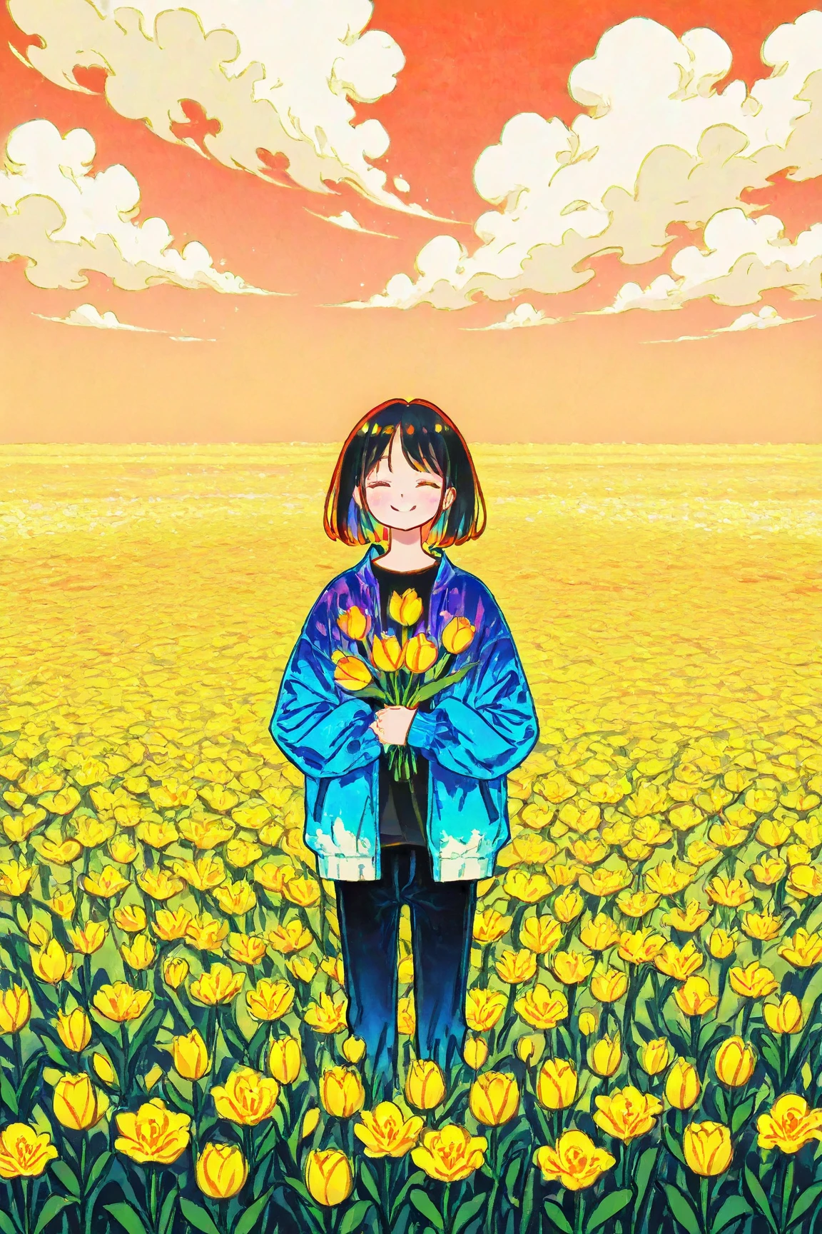  Smiling Middle-Aged Woman Holding a Bouquet of Flowers in a Tulip Field 、 Colorful Color Art ,  ,  Artwork” , Art Cover,   Psychedelic Hip Hop Album Jacket、In the flower field, perfect artwork, Painting Flower  ,  Artist's Magnificent Paintings , surrealist  , White Clouds on Orange Sky  , Yellow Petals Cover the Sky ,Detailed flower depiction