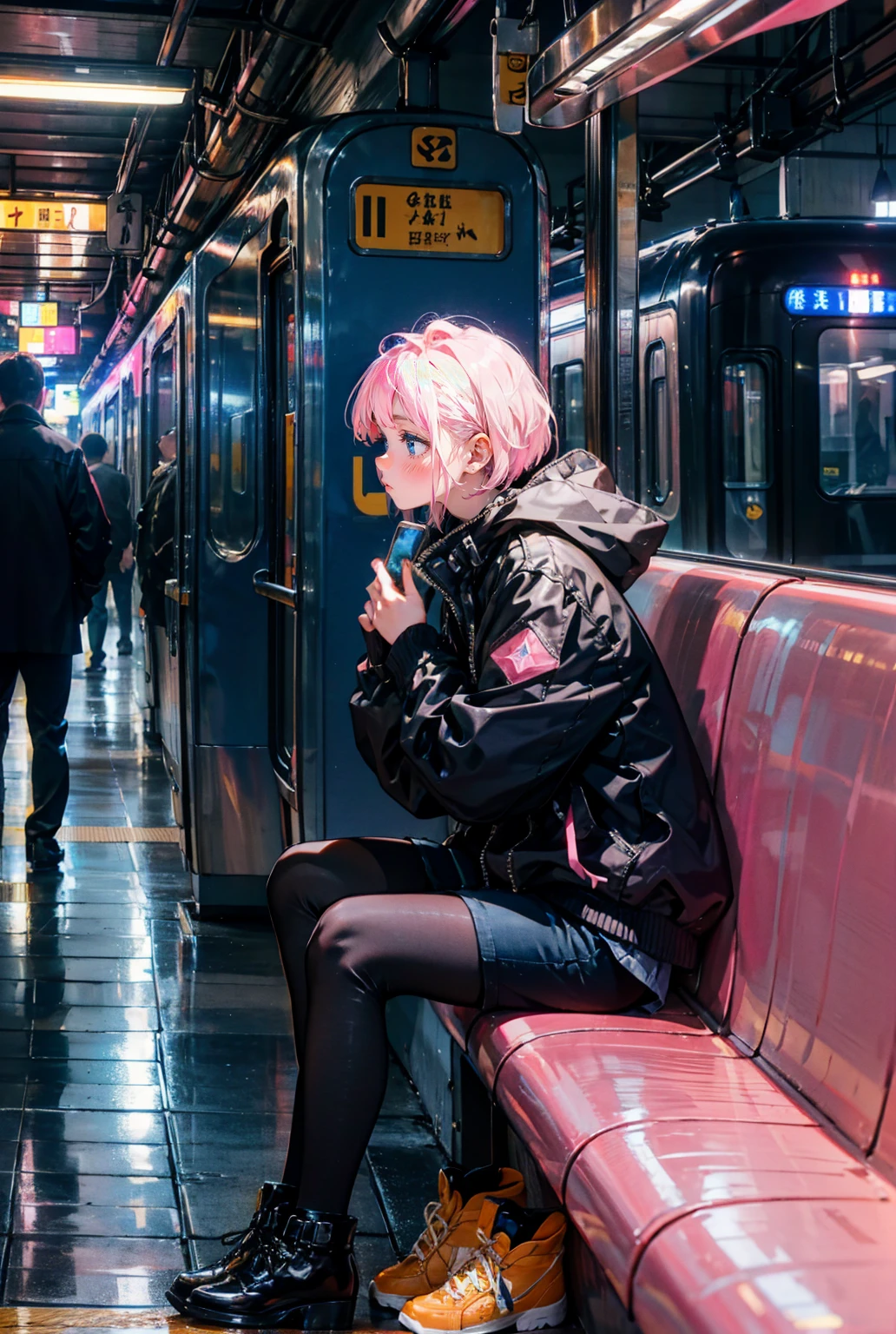 a beautiful girl wearing a black jacket,(((pink short hair,blue eyes))),checking her phone, pantyhose, high boots, shorts, sitting on a bench in a subway station, artifical lights, with a pigeon in the bench, cinematic, draw, perfespective, from the left, profile, masterpiece, best quality, in the style of (samdoesarts),orange color train,