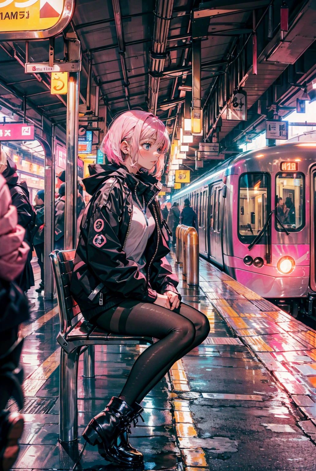 a beautiful girl wearing a black jacket,(((pink short hair,blue eyes))),checking her phone, pantyhose, high boots, shorts, sitting on a bench in a subway station, artifical lights, with a pigeon in the bench, cinematic, draw, perfespective, from the left, profile, masterpiece, best quality, in the style of (samdoesarts),orange color train,