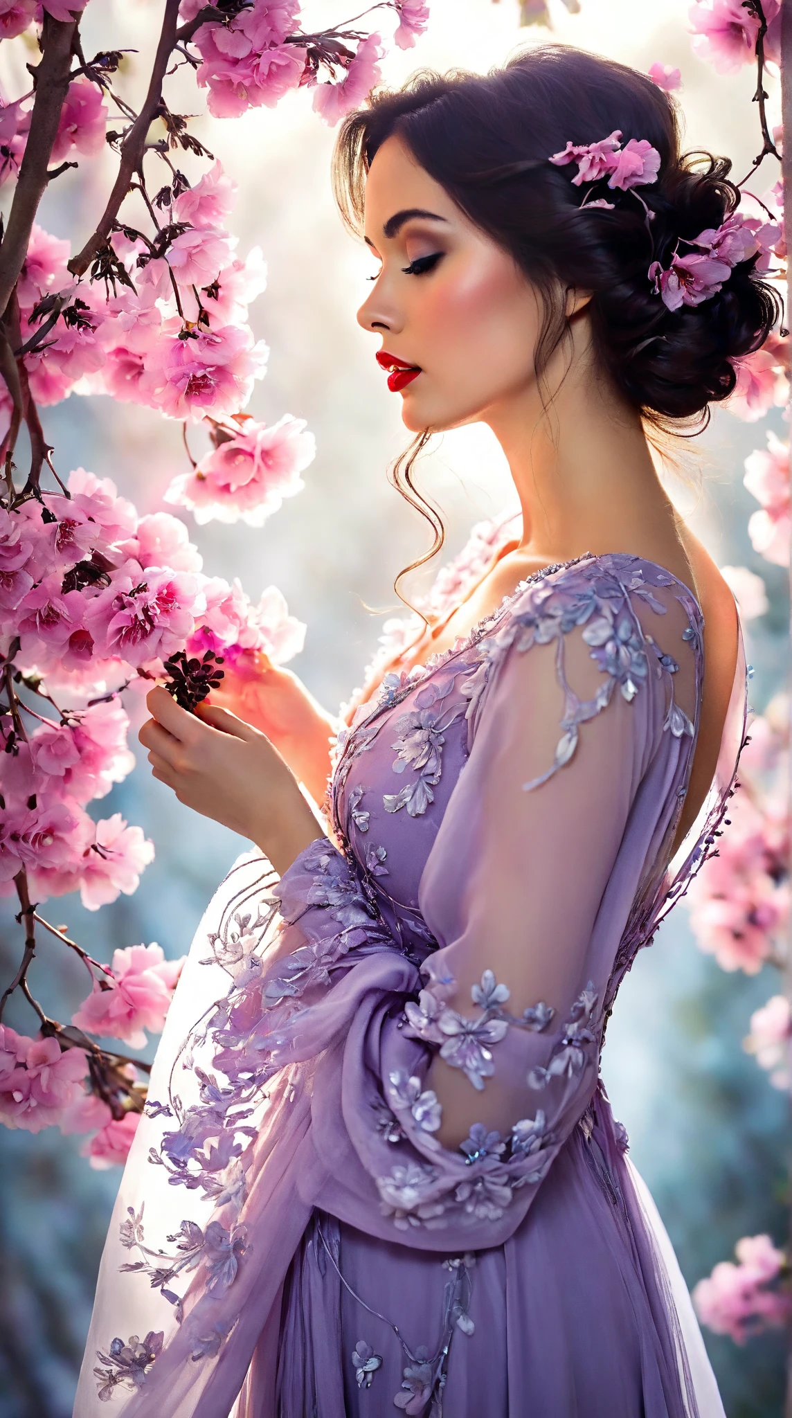 In a whimsical floral backdrop, a graceful European woman from the 1920s stands in elegant poise, embodying a dreamlike essence. Her delicate features glow softly, illuminated by the ethereal light filtering through lush, pastel blossoms. Dark waves of hair cascade gently around her shoulders, framing her serene expression.

She wears a flowing gown of pink and lavender silk that billows delicately, enhancing her tranquil presence. Her striking red lips provide a vivid contrast, infusing life into the soft, monochromatic hues of the scene.

The artwork is reminiscent of an enchanting ink painting, where fluid brush strokes and intricate line work convey a sense of nostalgia and magic. Soft shades of ink merge seamlessly, while the background bursts with an array of pastel flowers, evoking a breathtaking, dreamlike atmosphere. This composition radiates tranquility and romance, inviting viewers into a timeless moment that feels both captivating and ephemeral.