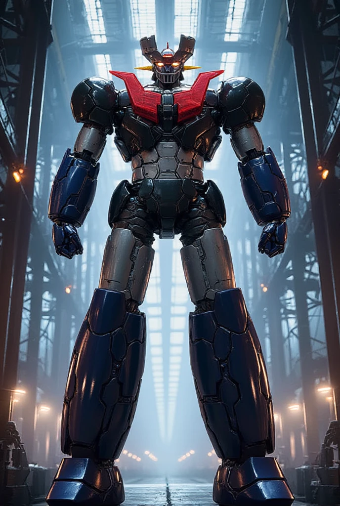  a very realistic version of the modified Mazinger Z,  stands 100 meters high ahead .   It's built with modern materials such as steel  ,   Carbon Fiber  ,   Other industrial elements are also visible  ,   just like the real thing  ,   has been carefully recreated 。.  set in a modern nuclear reactor facility 、 an industrial environment where a high voltage current flows and emits light   ,   Masinger Z standing around  ,   are illuminated by natural light  、  A huge structure highlighted by realistic shadows  . LED light lighting  　Gundam