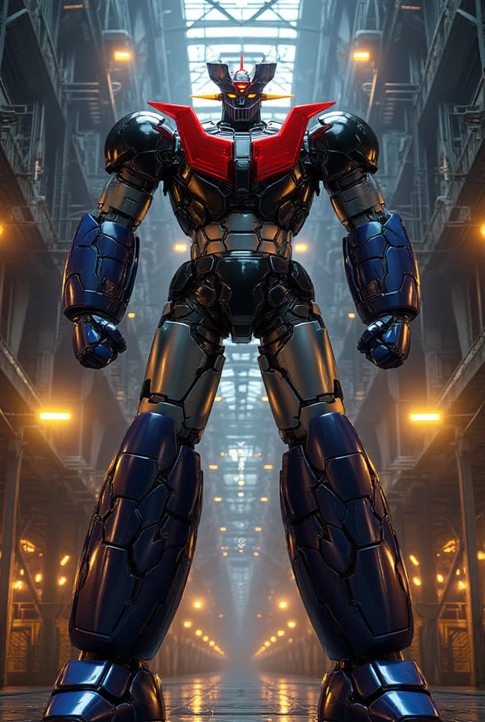  a very realistic version of the modified Mazinger Z,  stands 100 meters high ahead .   It's built with modern materials such as steel  ,   Carbon Fiber  ,   Other industrial elements are also visible  ,   just like the real thing  ,   has been carefully recreated 。.  set in a modern nuclear reactor facility 、 an industrial environment where a high voltage current flows and emits light   ,   Masinger Z standing around  ,   are illuminated by natural light  、  A huge structure highlighted by realistic shadows  . LED light lighting  　Gundam