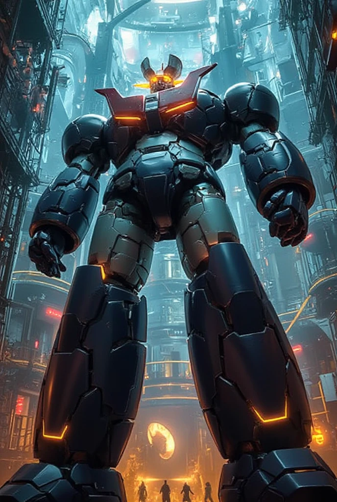  a very realistic version of the modified Mazinger Z,  stands 100 meters high ahead .   It's built with modern materials such as steel  ,   Carbon Fiber  ,   Other industrial elements are also visible  ,   just like the real thing  ,   has been carefully recreated 。.  set in a modern nuclear reactor facility 、 an industrial environment where a high voltage current flows and emits light   ,   Masinger Z standing around  ,   are illuminated by natural light  、  A huge structure highlighted by realistic shadows  . LED light lighting  　Gundam