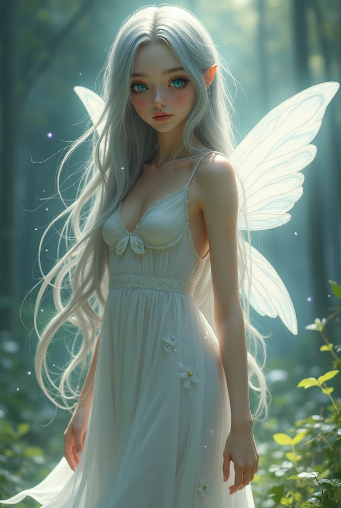 anime style, short hair moth fairy female, humanoid appearance, iridescent white hair, iridescent white skin and white wings with iridescent black