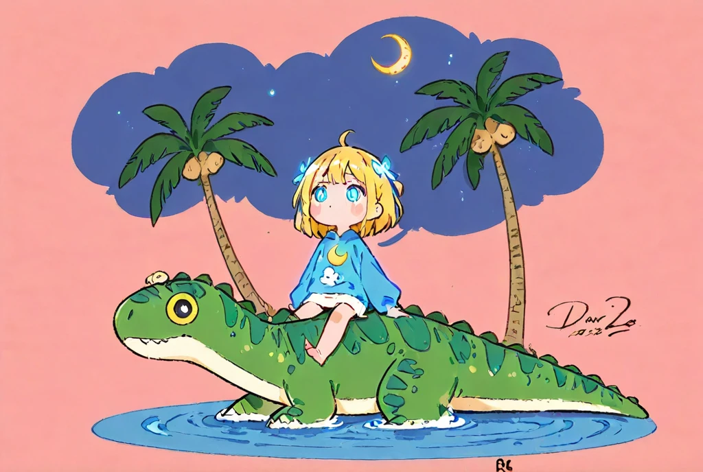  Cartoon Picture of Girl Sitting on Dinosaur's Back 、 palm tree、Blue Glowing Crescent Moon at Night  、 meteor 、  Highly Consistent Stylized Artwork、2d game fanart、Drawn as game concept art、  Background Art  、 Warm Pop Art 