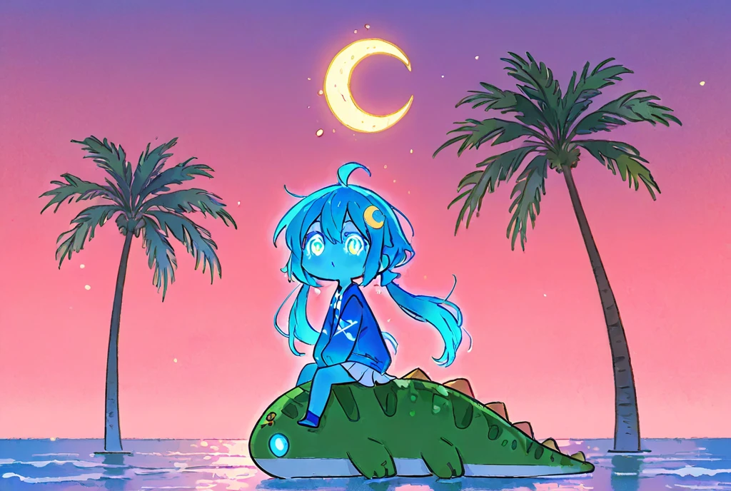  Cartoon Picture of Girl Sitting on Dinosaur's Back 、 palm tree、Blue Glowing Crescent Moon at Night  、 meteor 、  Highly Consistent Stylized Artwork、2d game fanart、Drawn as game concept art、  Background Art  、 Warm Pop Art 