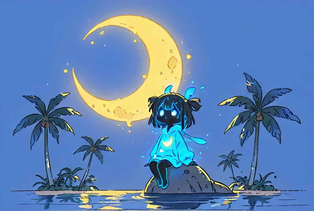  Cartoon Picture of Girl Sitting on Dinosaur's Back 、 palm tree、Blue Glowing Crescent Moon at Night  、 meteor 、  Highly Consistent Stylized Artwork、2d game fanart、Drawn as game concept art、  Background Art  、 Warm Pop Art 