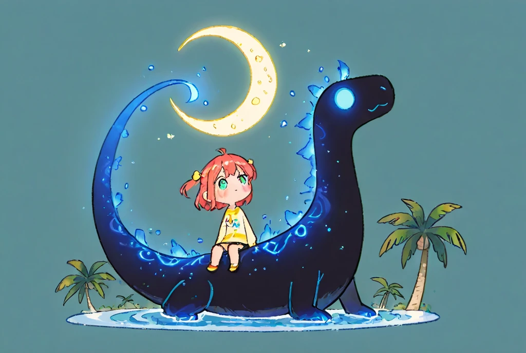  Cartoon Picture of Girl Sitting on Dinosaur's Back 、 palm tree、Blue Glowing Crescent Moon at Night  、 meteor 、  Highly Consistent Stylized Artwork、2d game fanart、Drawn as game concept art、  Background Art  、 Warm Pop Art 