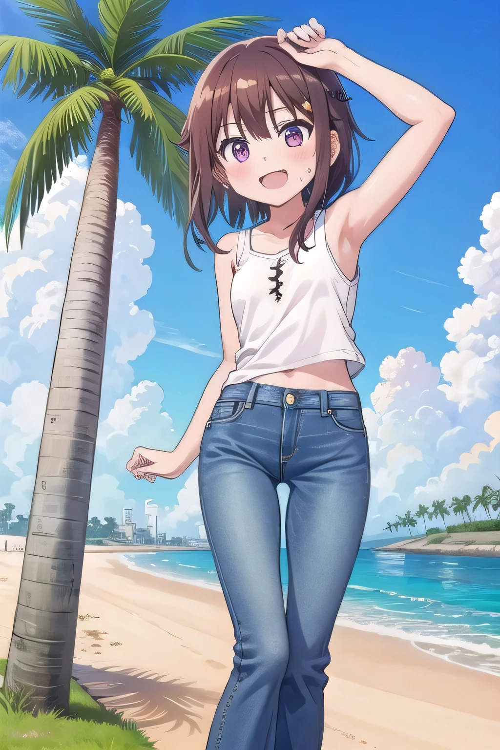 masterpiece,best quality,ultra detail,1girl, **yo, ***ite, ((round face, ecstasy, orgasm face, drooping eyes, shame smiling, blush)), dropping eyes, sleepy, background((under the beach, (day:1.2), palm tree, bright sky)), megumin, brown hair, short hair, arms behind head, contrapposto, spread armpits, looking at viewer,, white tank top, white crop top, (jeans pants:1.2, flares jeans:1.2, skinny jeans:1.2, blue jeans:1.2), standing, (legs spread:3:1), dynamic pose, Sweaty crotch, Steam from the crotch, from below