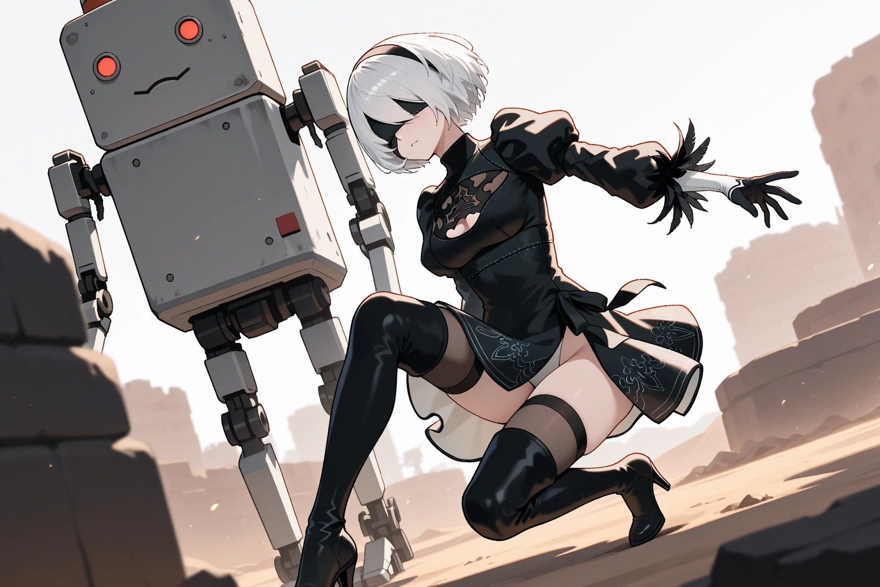 Score_9, score_8_up, score_7_up, source_semi-real, rating_safe;; Nier Automata 2B, fighting robot machine_lifeform in a desert pit;; 2BNAXL, blindfold, black blindfold, black hairband, white hair, short hair, medium breasts, clothing cutout, cleavege cutout, black dress, puffy sleeves, feather-trimmed sleeves, black gloves, leotard, skirt, black thighhighs, thigh boots, black high heels