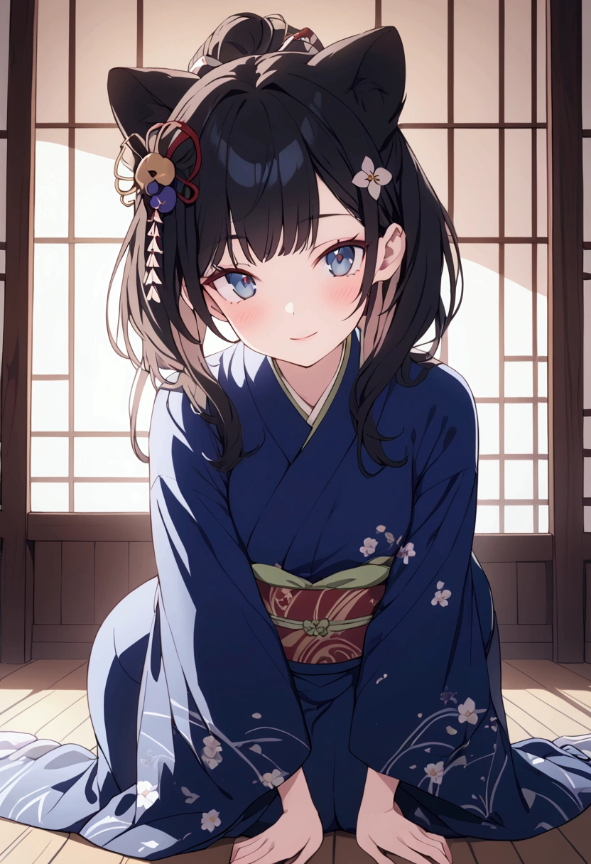  kneeling in a traditional Japanese house,  wearing an elaborate deep blue kimono , Kimono with attention to detail , Detailed Hair Ornament ,  detailed facial features,  beautiful eyes and lips ,  gentle expression ,A beautiful Japanese woman with a gentle and innocent smile ,Warm lighting, gorgeous interior,  wooden floor , Shoji screen,  quiet vibe ,  staring at the viewer with a slightly red face ,  seductive gaze ,