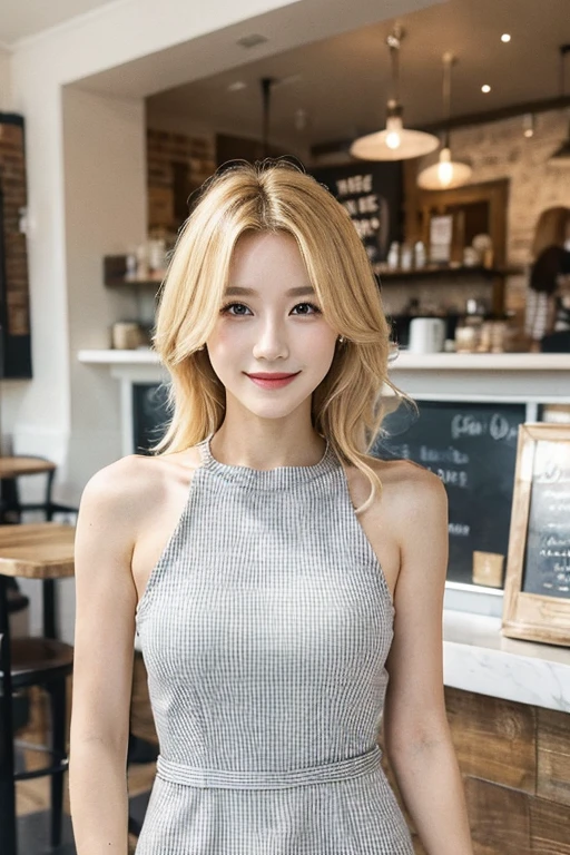 This is a  beautiful photograph of a woman, blonde hair cascading over her shoulders. She is wearing a boatneck dress, Standing in a cafe. Looking at the viewer. Smile.