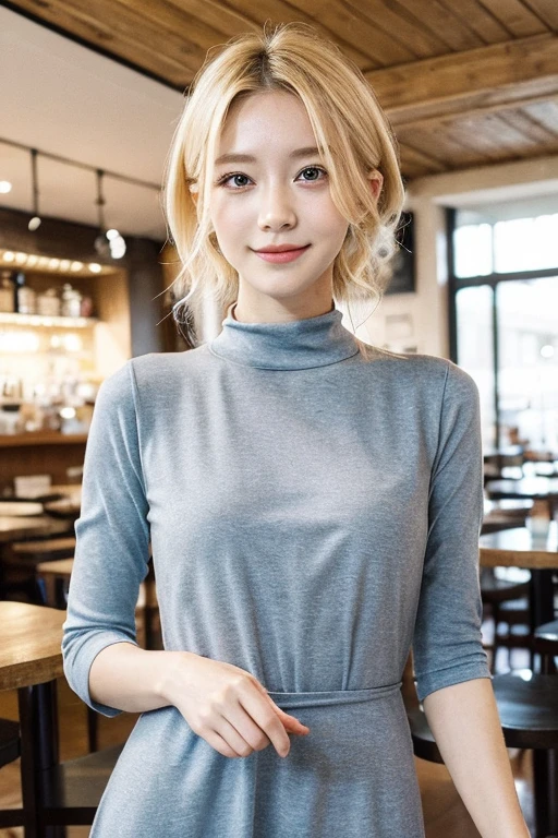 This is a  beautiful photograph of a woman, blonde hair cascading over her shoulders. She is wearing a boatneck dress, Standing in a cafe. Looking at the viewer. Smile.