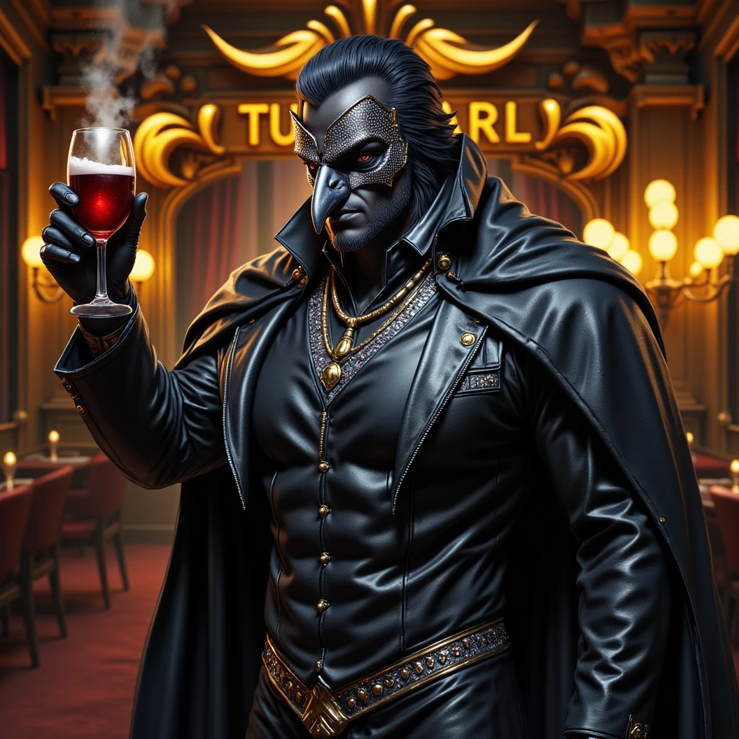 Muscular Anthropomorphic raven donned in black suit with diamond trim. Wearing a diamond studded masquerade mask. Tips his drink to you in a toast. He looks in your your eye and says "Happy New Year MAB!". I Fancy big band club with an ornate clam-shaped sign reading "Club Pearl". High Resolution, Masterpiece