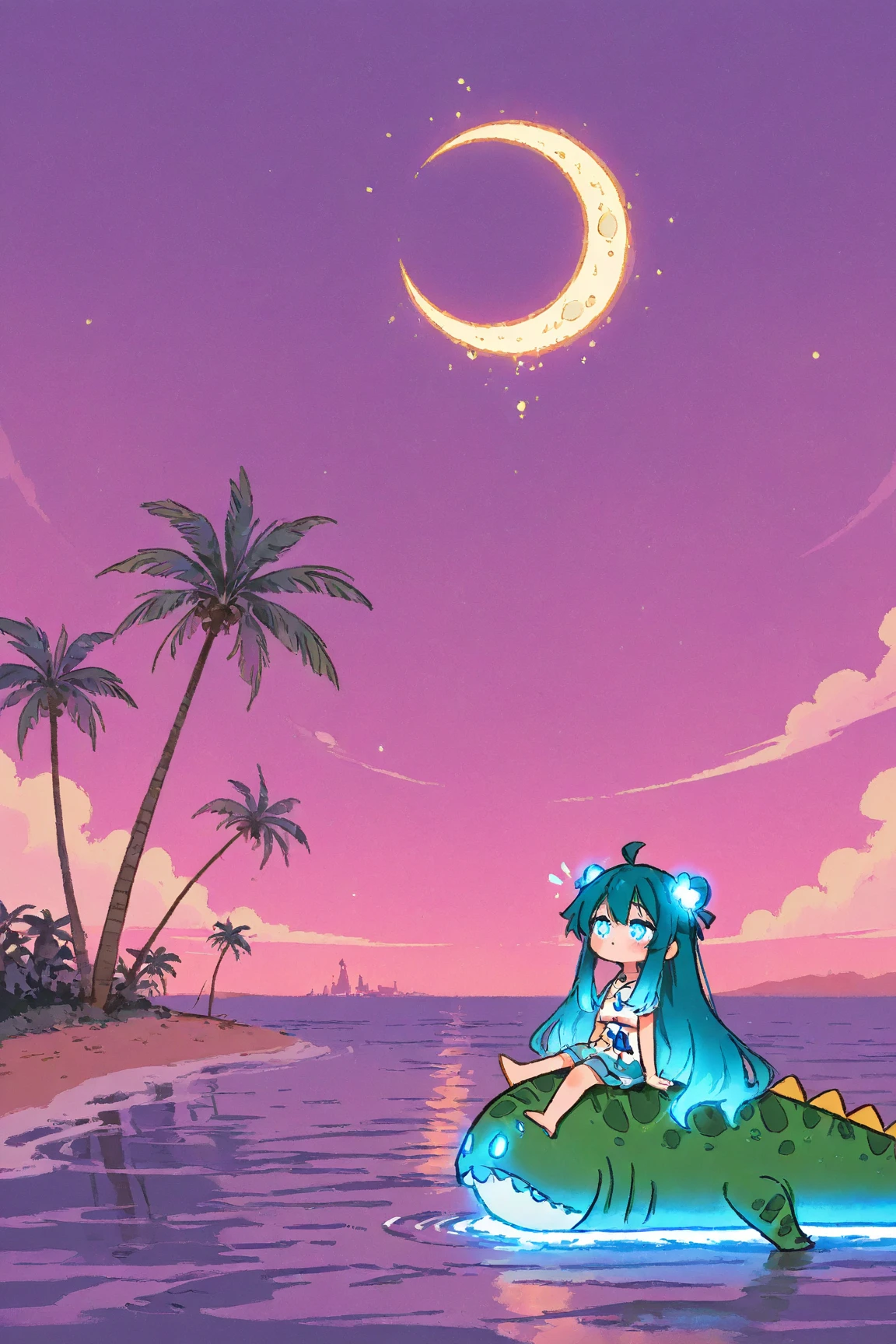  Cartoon Picture of Girl Sitting on Dinosaur's Back 、 palm tree、Blue Glowing Crescent Moon at Night  、 meteor 、  Highly Consistent Stylized Artwork、2d game fanart、Drawn as game concept art、  Background Art  、 Warm Pop Art 