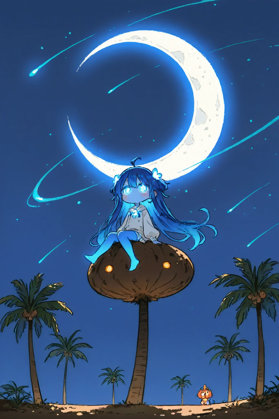  Cartoon Picture of Girl Sitting on Dinosaur's Back 、 palm tree、Blue Glowing Crescent Moon at Night  、 meteor 、  Highly Consistent Stylized Artwork、2d game fanart、Drawn as game concept art、  Background Art  、 Warm Pop Art 