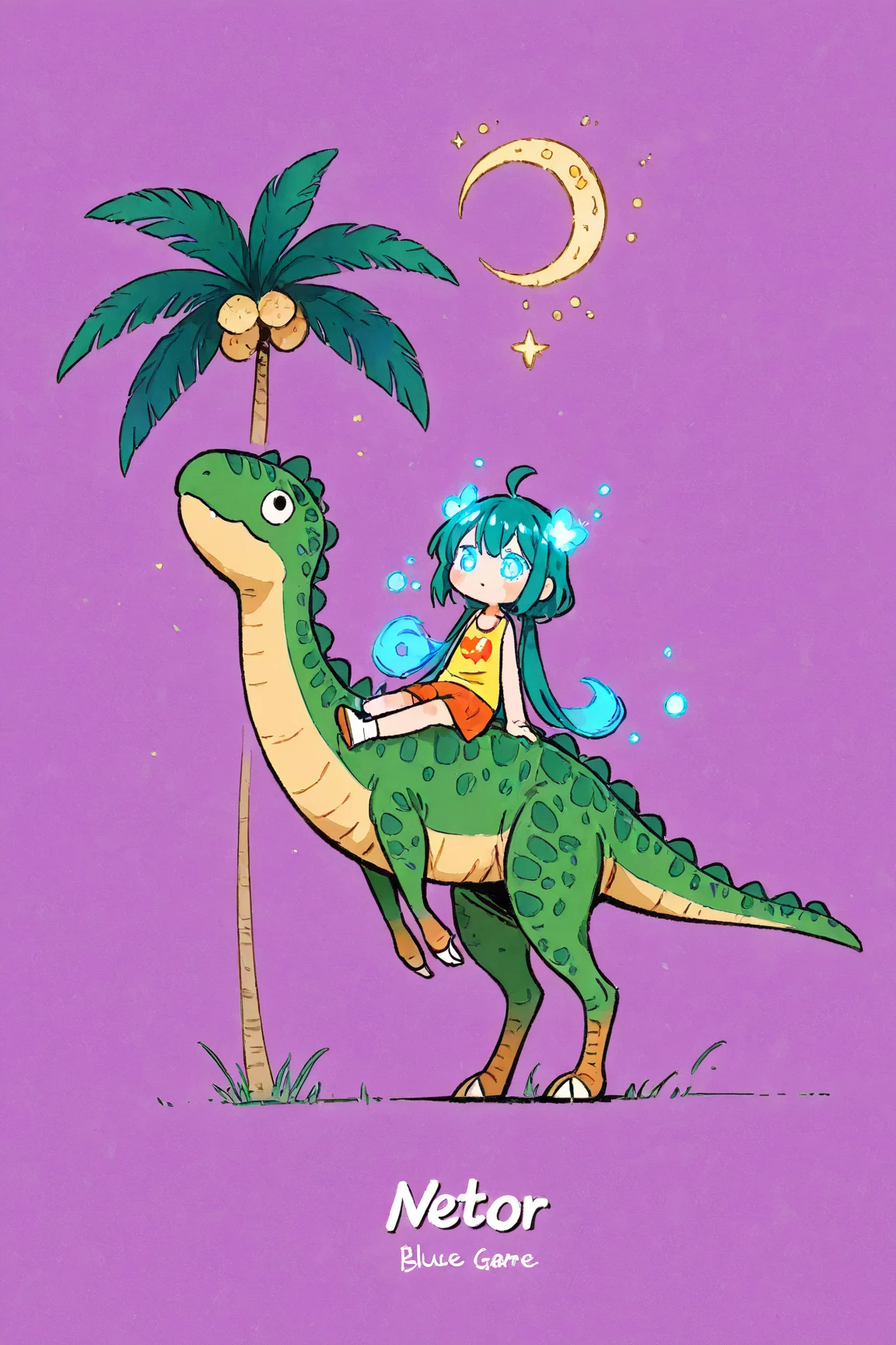  Cartoon Picture of Girl Sitting on Dinosaur's Back 、 palm tree、Blue Glowing Crescent Moon at Night  、 meteor 、  Highly Consistent Stylized Artwork、2d game fanart、Drawn as game concept art、  Background Art  、 Warm Pop Art 