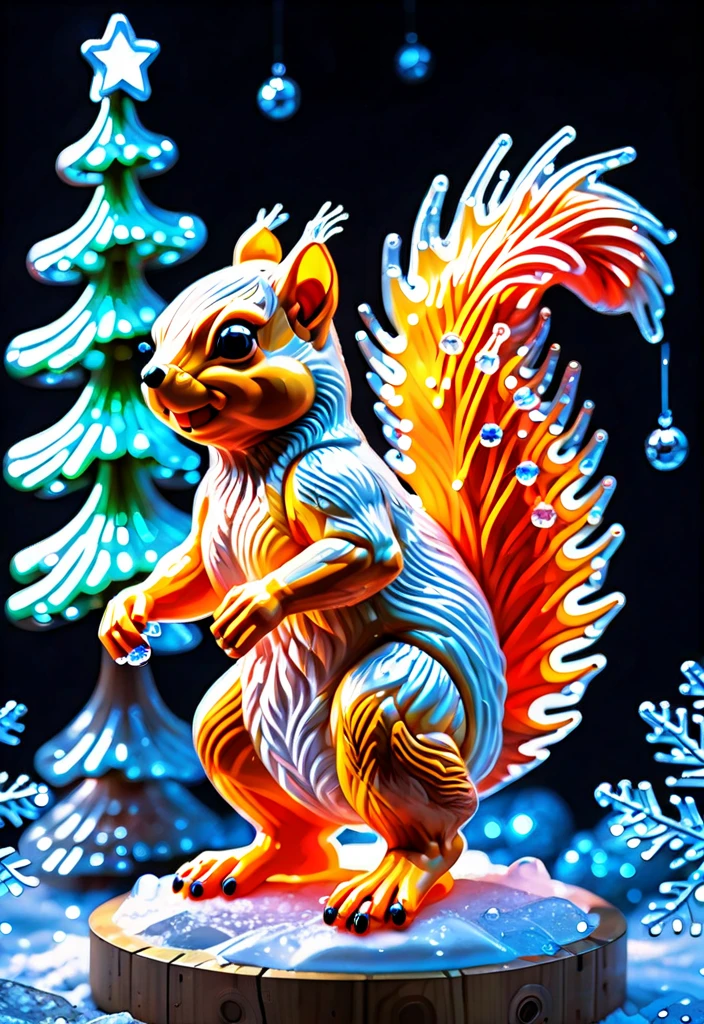 A real masterpiece. The painting is made in a pasty style. Impasto style. (How artificial intelligence depicts a sculpture of a fantastic squirrel against a sparkling, icy Christmas background, with ice toys, neon lights, and ice gifts under the Christmas tree:1.5), made by hand by master ice carvers from blocks of transparent ice, by sawing, using special tools, it is a sculpture, transparent, icy, translucent like crystal, bluish like glass, small, human-sized, small architectural form, against the background of a snow-covered fantastic forest, with a Christmas Tree decorated:1.5). The style of Elizabeth McNicol.