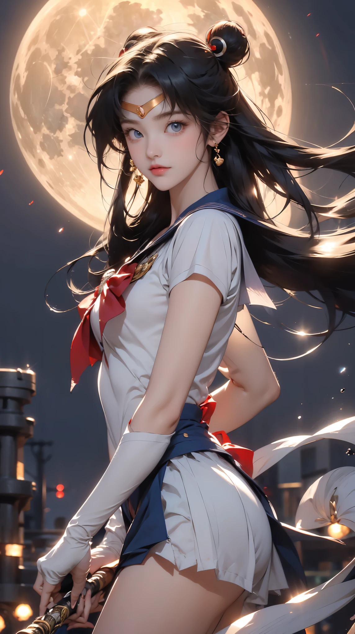 Sailor Moon, 1 girl, blue eyes, Long Golden Hair, sailor suit , Moon Headdress , Holding a Moon Stick , The city and the full moon, Confident Smile .