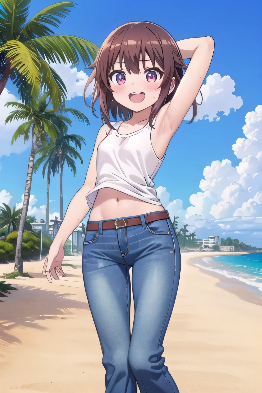 masterpiece,best quality,ultra detail,1girl, 14yo, petite, ((round face, ecstasy, orgasm face, drooping eyes, shame smiling, blush)), dropping eyes, sleepy, background((under the beach, (day:1.2), palm tree, bright sky)), megumin, brown hair, short hair, arms behind head, contrapposto, spread armpits, looking at viewer,, white tank top, white crop top, (jeans pants:1.2, flares jeans:1.2, skinny jeans:1.2, blue jeans:1.2), standing, (legs spread:1.2), dynamic pose, Sweaty crotch, Steam from the crotch, ((whole body))