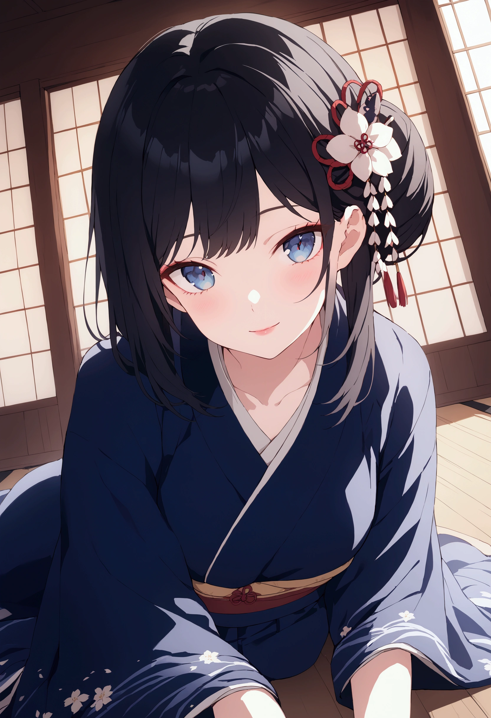  kneeling in a traditional Japanese house,  wearing an elaborate deep blue kimono , Kimono with attention to detail , Detailed Hair Ornament ,  detailed facial features,  beautiful eyes and lips ,  gentle expression ,A beautiful Japanese woman with a gentle and innocent smile ,Warm lighting, gorgeous interior,  wooden floor , Shoji screen,  quiet vibe ,  staring at the viewer with a slightly red face ,  seductive gaze ,