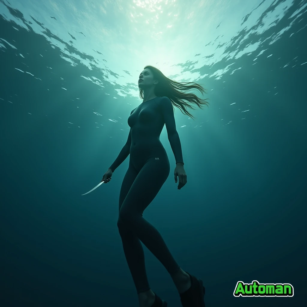 (highest quality, High resolution, super detailed, realistic, masterpiece, 8K), A female fisherman fights a huge shark, underwater photo, giant predator, sharp teeth, swim in dark water, Hunting prey, majestic and powerful, Powerful and streamlined body, smooth and agile movements, An ominous presence, dark and mysterious, Bright colors, subtle lighting, marvel at its beauty, 