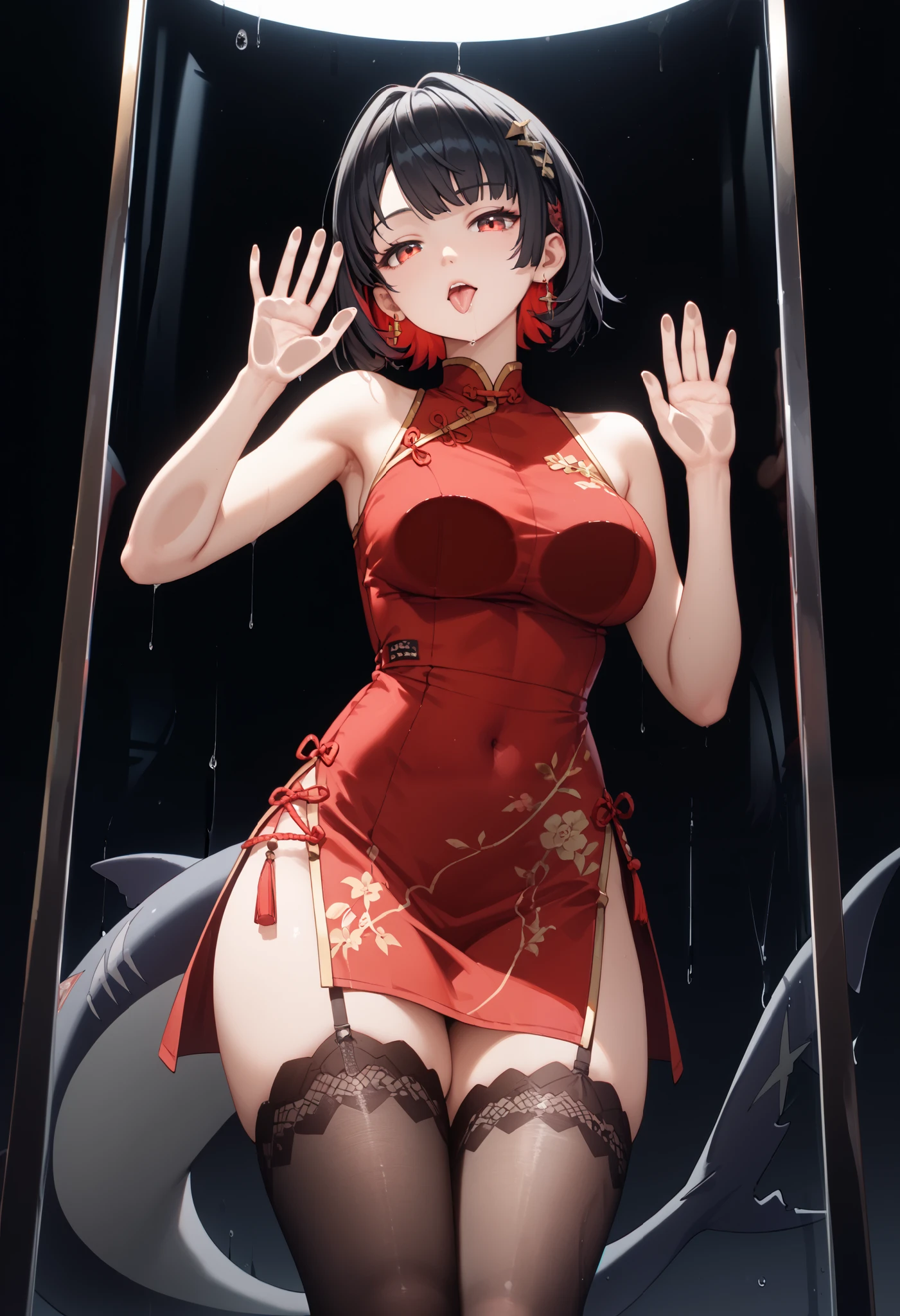 masterpiece， high resolution，Anime Art，Anime Numbers， 4k anime wallpaper，Soft Light， radiant skin， unique ，An anime girl，Crawling on glass，Licking glass， black hair， ombre short hair， red cheongsam， black pantyhose ， red eyes， black shark tail， black background