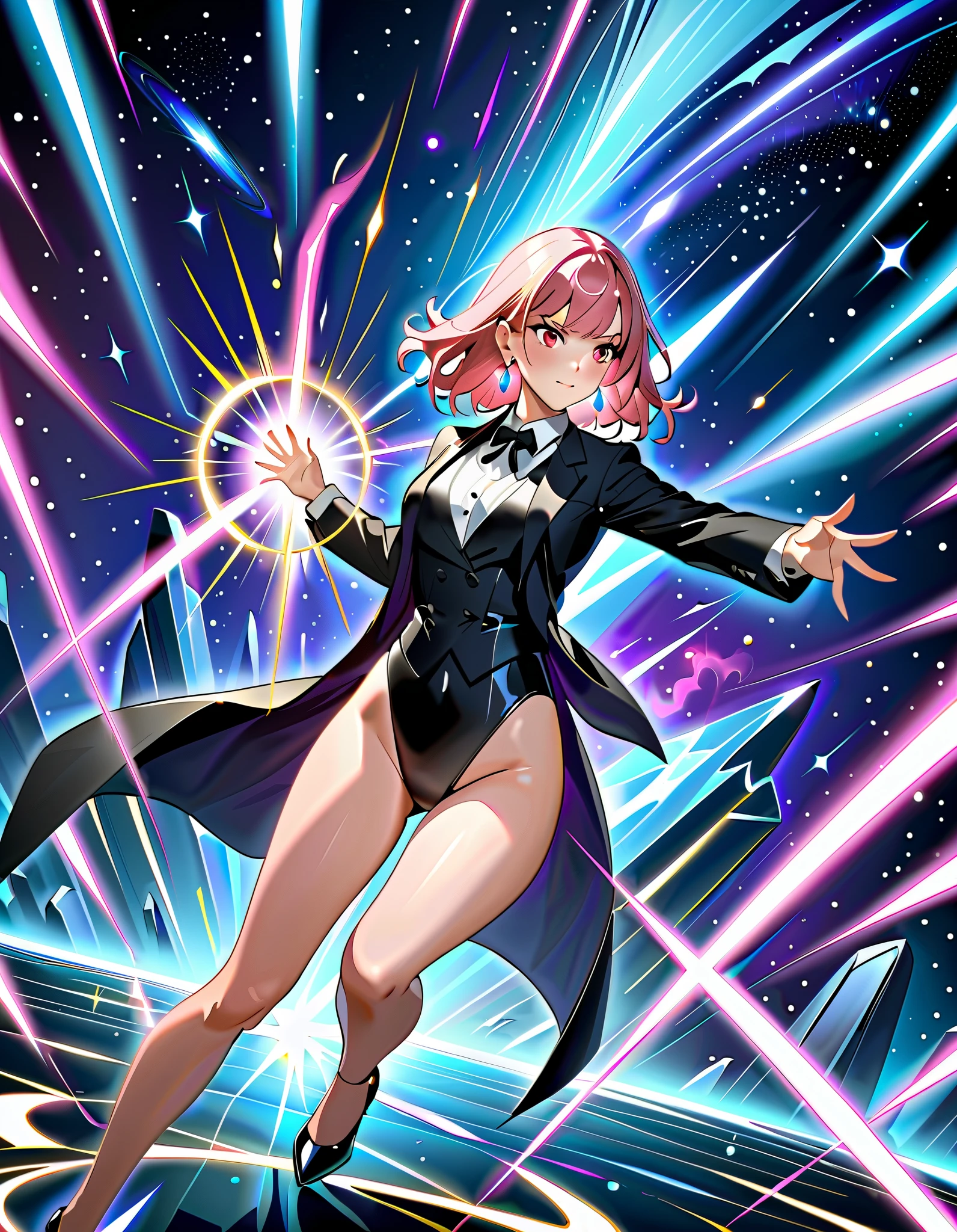 Masterpiece, best quality, high resolution, 8k, 1female, pink hair, medium hair, bangs, crystal earrings, red eyes, black suit jacket, site collared shirt, black vest, high leg, black leotard, bare legs, black high heels, tuxedo, magician, casting a spell, standing battle stance, spellcasting, magic, space backdrop, diffraction spikes, light particles, Dutch angle.