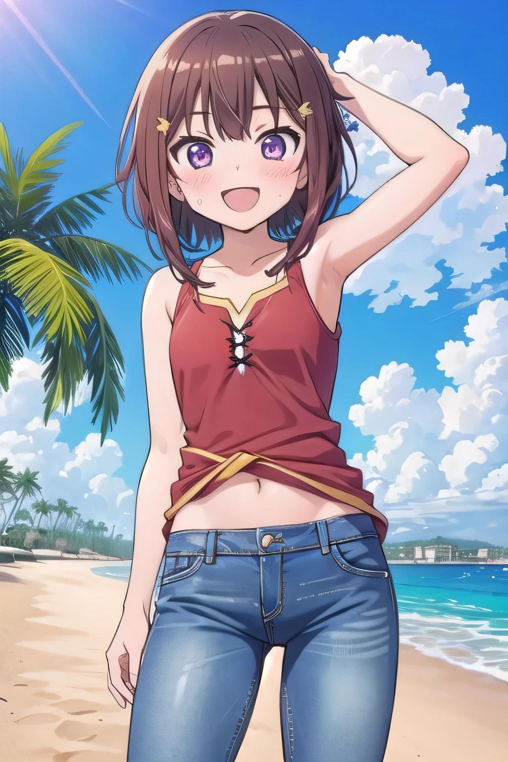 masterpiece,best quality,ultra detail,1girl, 14yo, petite, ((round face, ecstasy, orgasm face, drooping eyes, shame smiling, blush)), dropping eyes, sleepy, background((under the beach, (day:1.2), palm tree, bright sky)), megumin, brown hair, short hair, arms behind head, contrapposto, spread armpits, looking at viewer,, white tank top, white crop top, (jeans pants:1.2, flares jeans:1.2, skinny jeans:1.2, blue jeans:1.2), standing, (legs spread:3:1), dynamic pose, Sweaty crotch, Steam from the crotch, ((whole body))