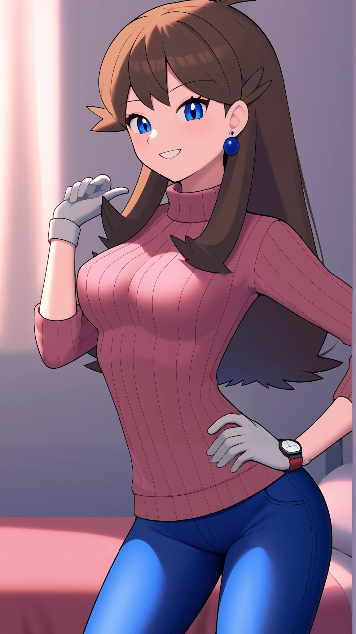 (( top quality )), ((masterpiece)), (( Details)), 1girl, orange brown hair color, long hair, blue eyes, long sleeve vertical stripe sweater, Black jeans, blue earrings, sexy smile, seductive smile, Watch Viewers , Place one hand on hip, is standing, Tall, ANIME COLORING BOOK, 1 Female, Age 18, Three idiot hairs , with bangs, whole body, slim figure, Ample breasts, bed, bedroom, (\ Pokémon\), score_9, score_8_Excellent, score_7_Excellent, score_6_Excellent, Source_Anime, Cell Shading, flat color, vector, Two legs, two arms,
