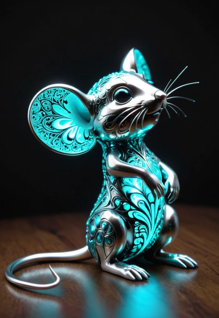 fairy mouse, shimmer, fractal, doodling, silver tangle, neon, black and turquoise glaze, axis drift, Picasso style, subdued lighting, beautiful, professional photo, 4k