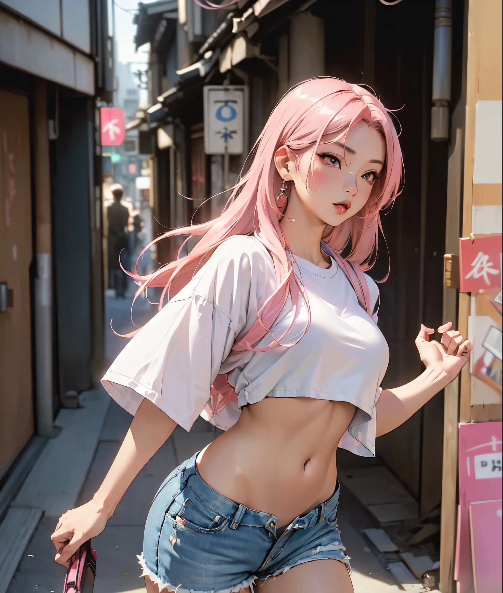 (masterpiece, IMAX cinematic quality:1.3), (Asian woman with pink hair sporting aviator sunglasses:1.2), (wearing a tight white crop top and short denim shorts, showcasing an attractive and sensual physique:1.2), (captured in a snapshot style while walking through an alley in Tokyo:1.2), (the raw and dynamic nature of a candid photo, adding authenticity:1.2), (subtle details like urban elements in the Tokyo alley:1.1), (ultra-realistic portrayal blending urban style with the allure of an Asian woman in a candid moment:1.3), (a visual masterpiece capturing the vibrant energy of Tokyo and the charismatic presence of the pink-haired woman:1.2)