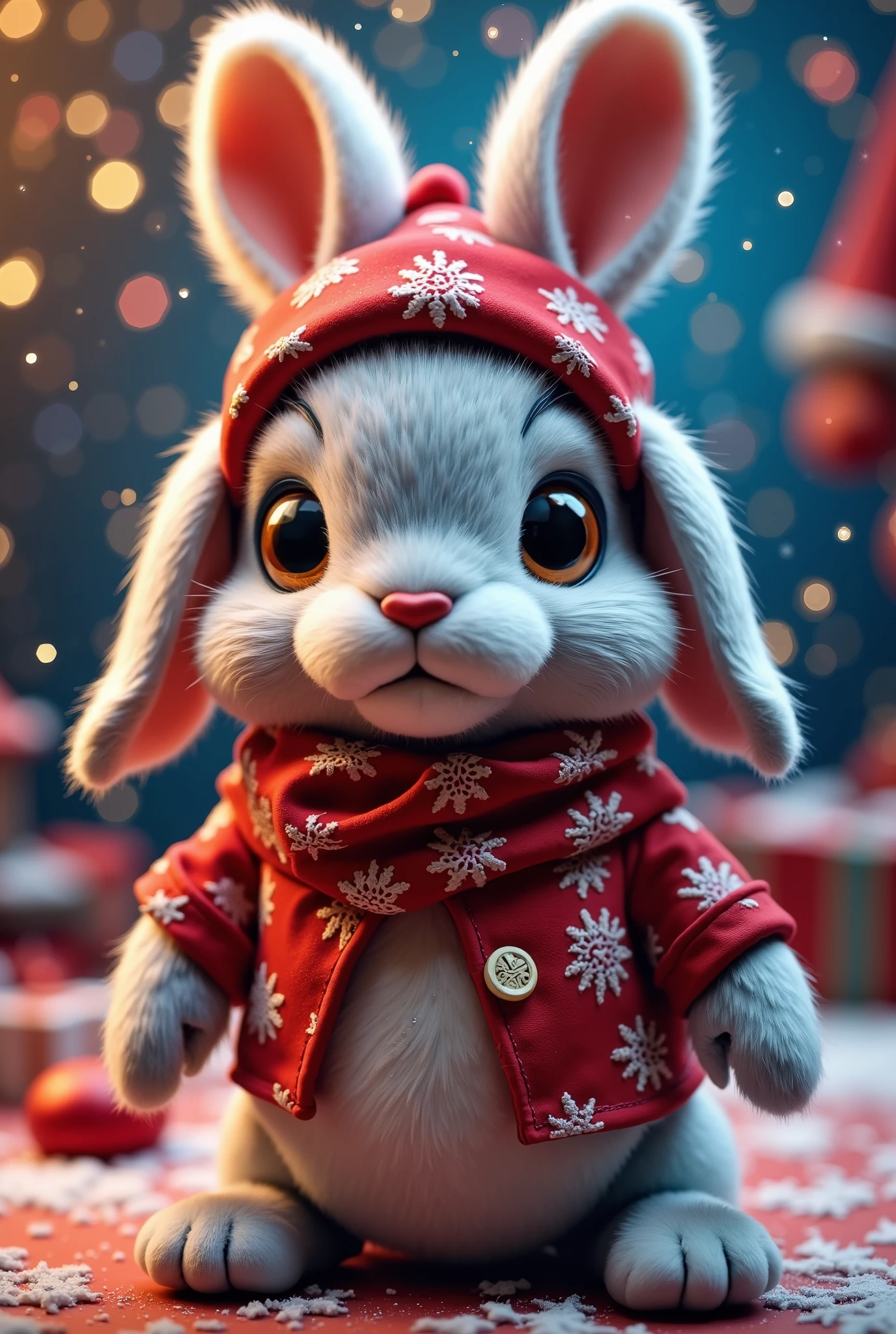  Beautiful Soft toy Gray bunny with white fur in a red hat and a beautiful vest with snowflakes, Beautiful Cute ,  Christmas theme , bright colors,  masterpiece fails,  better quality ,  complex details ,  as much detail as possible , 8 k,  