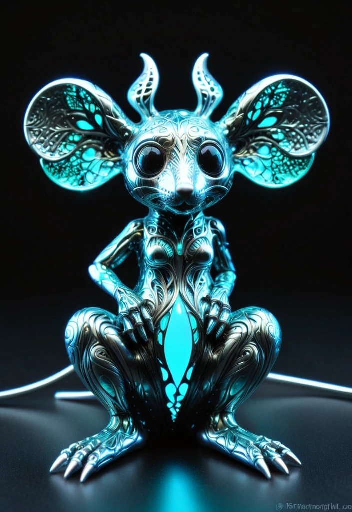 fairy mouse, shimmer, fractal, doodling, silver tangle, neon, black and turquoise glaze, axis drift, Picasso style, subdued lighting, beautiful, professional photo, 4k