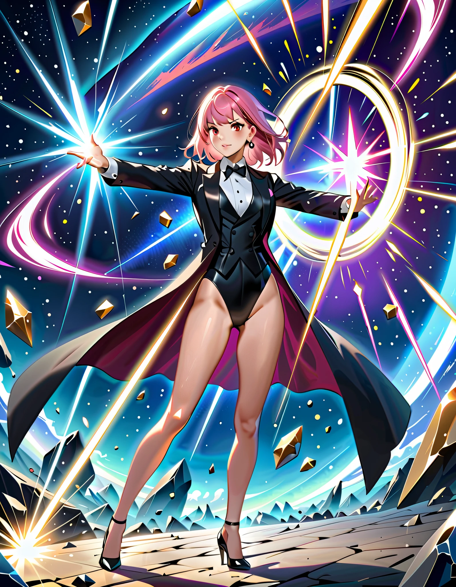 Masterpiece, best quality, high resolution, 8k, 1female, pink hair, medium hair, bangs, crystal earrings, red eyes, black suit jacket, site collared shirt, black vest, high leg, black leotard, bare legs, black high heels, tuxedo, magician, casting a spell, standing battle stance, spellcasting, magic, space backdrop, diffraction spikes, light particles, Dutch angle.