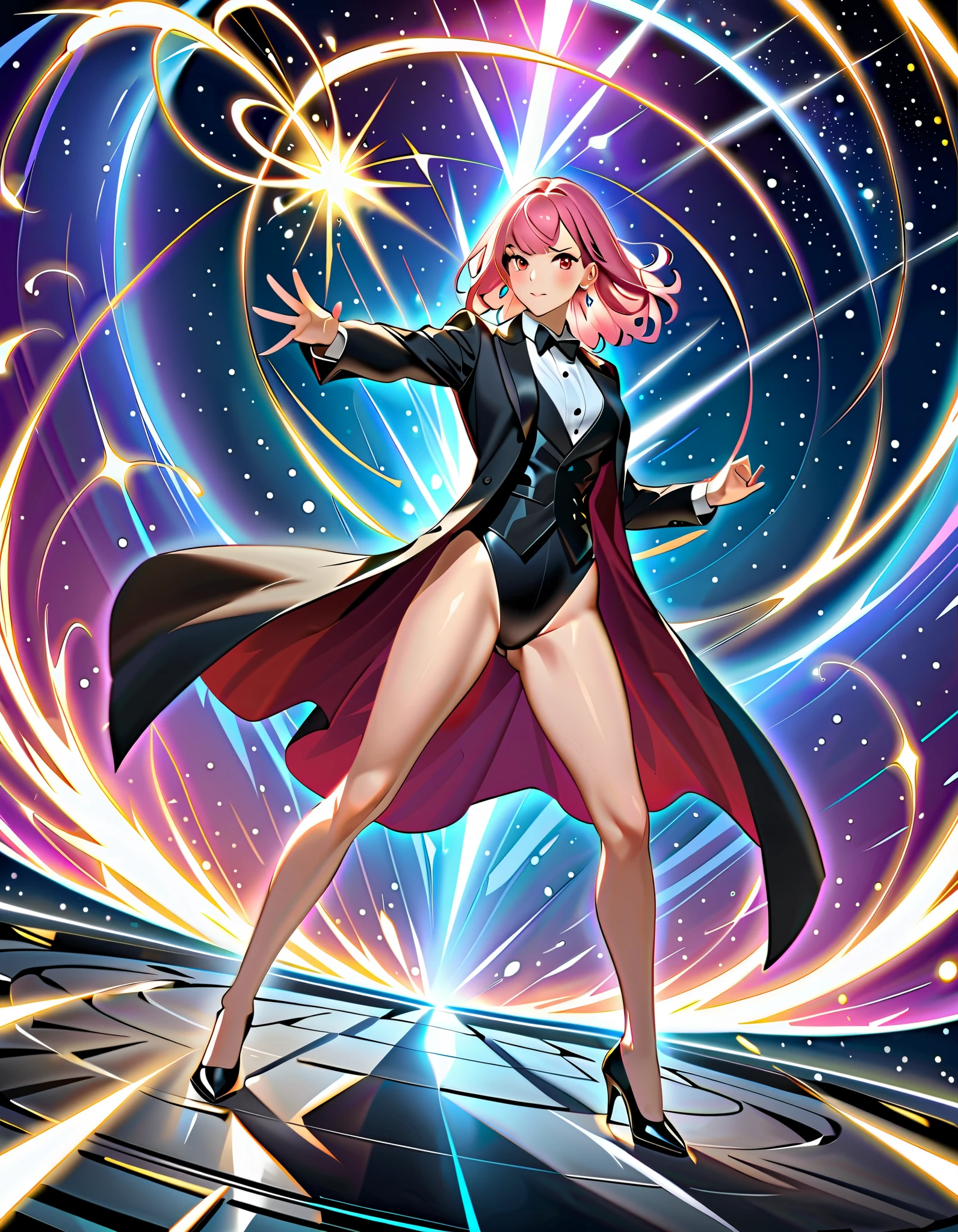 Masterpiece, best quality, high resolution, 8k, 1female, pink hair, medium hair, bangs, crystal earrings, red eyes, black suit jacket, site collared shirt, black vest, high leg, black leotard, bare legs, black high heels, tuxedo, magician, casting a spell, standing battle stance, spellcasting, magic, space backdrop, diffraction spikes, light particles, Dutch angle.