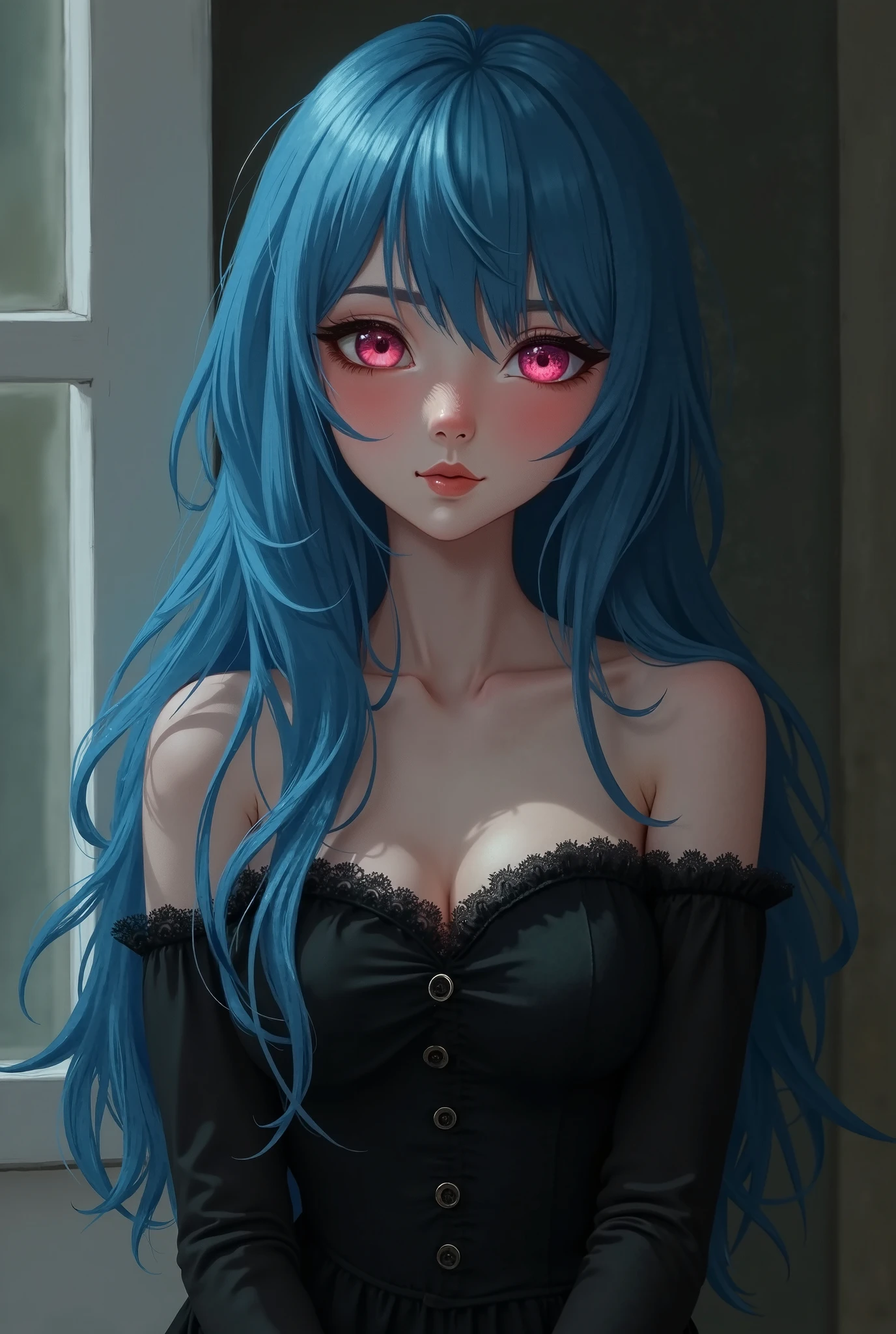create a full body one the hair is long and tied up the color blue and pink highlights it is an emo outfit it is a pink sauto she will use red makeup it is a black look (create it in an anime style)