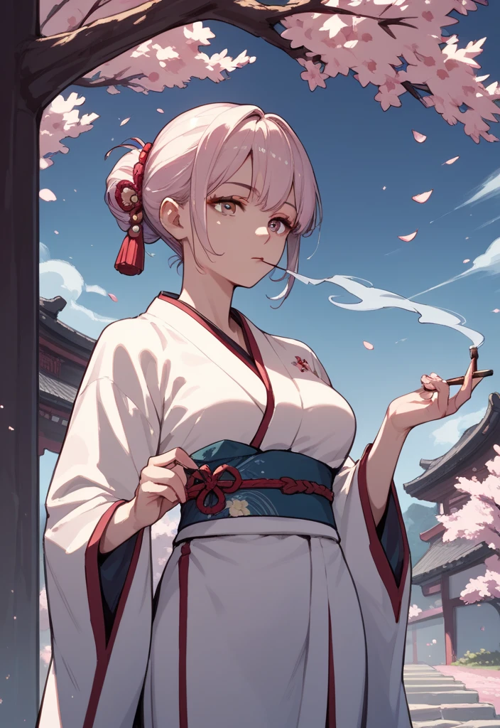 The blond kimono 　 background is under the cherry blossom tree at night 　 smoking 　The moonlight is shining in 　 beautiful like an anime