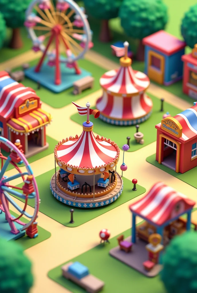 Design a detailed 3D asset pack for a vibrant carnival park in a low-poly art style. Include essential elements such as carnival rides (Ferris wheel, carousel, roller coaster, and swing ride), game booths (ring toss, dart boards, shooting galleries), food stalls (popcorn machines, candy floss, hot dog carts), and decorative props (banners, string lights, pennants, and colorful signs). Add ambient items like benches, trash cans, picnic tables, and ground textures (gravel, pavement, grass). Incorporate optional interactive props such as animatable turnstiles, prize claw machines, and coin slots. Emphasize modular and customizable elements to allow developers to create unique park layouts. Include a mix of whimsical and realistic details for a playful, engaging carnival vibe. Deliver assets optimized for Unity, Unreal Engine, and other game development platforms