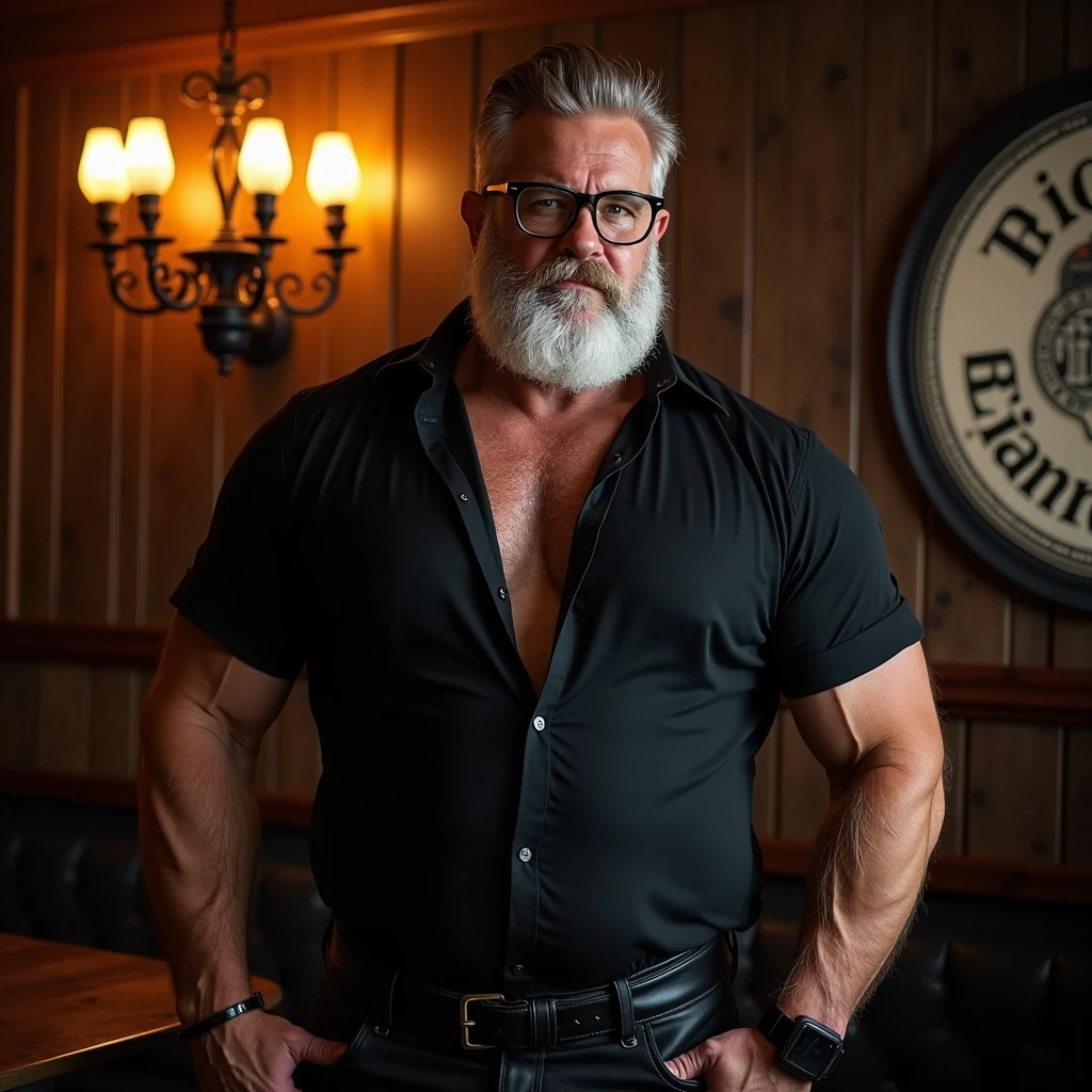 The image is a high-resolution photograph featuring a beefy beefcake, muscular, middle-aged man with a full, white beard and mustache, styled in a short, slicked-back haircut. He is wearing black-rimmed glasses and a black tight unbuttoned dress shirt with the sleeves rolled up, revealing his huge muscular arms. The shirt is paired with black leather pants that accentuate his huge mucular legs. A black wristwatch is visible on his left wrist. 

The background is a dimly lit bar or pub, with wooden panels and warm, yellowish lighting that casts a cozy, intimate atmosphere. A chandelier with multiple light bulbs hangs from the ceiling, adding to the ambient glow. To the right, a round, black and white sign with a circular emblem is partially visible, suggesting a vintage or classic pub design. The overall color palette of the image is dominated by dark tones, with highlights of warm, golden light, creating a rich, textured look. The subject's intense, direct gaze and confident posture suggest a strong personality and authority. The image captures a blend of rugged masculinity and refined elegance.