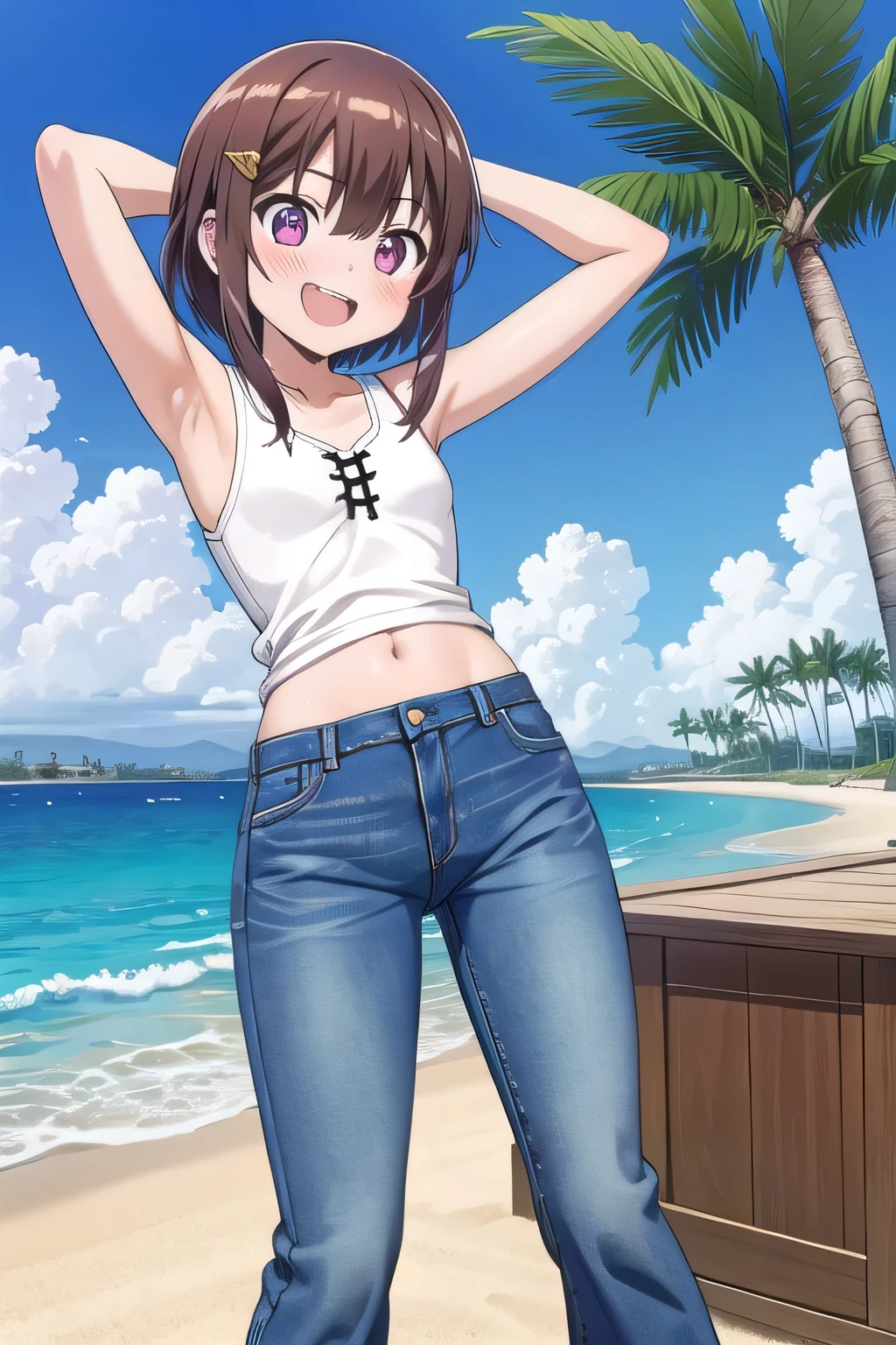 masterpiece,best quality,ultra detail,1girl, **yo, ***ite, ((round face, ecstasy, orgasm face, drooping eyes, shame smiling, blush)), dropping eyes, sleepy, background((under the beach, (day:1.2), palm tree, bright sky)), megumin, brown hair, short hair, arms behind head, contrapposto, spread armpits, looking at viewer,, white tank top, white crop top, (jeans pants:1.2, flares jeans:1.2, skinny jeans:1.2, blue jeans:1.2), standing, (legs spread:1.2), dynamic pose, Sweaty crotch, Steam from the crotch, (view wide:1.15), medium body