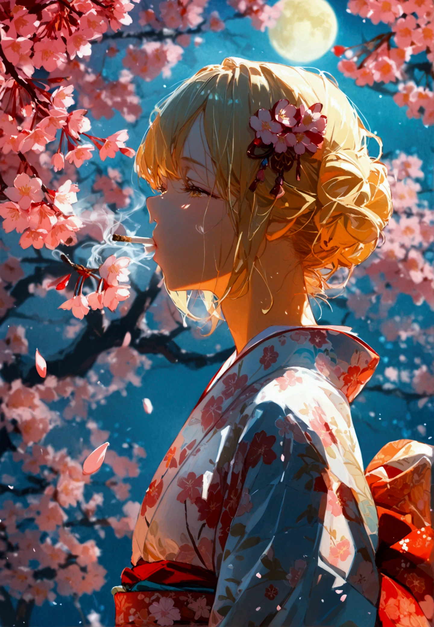 The blond kimono 　 background is under the cherry blossom tree at night 　 smoking 　The moonlight is shining in 　 beautiful like an anime