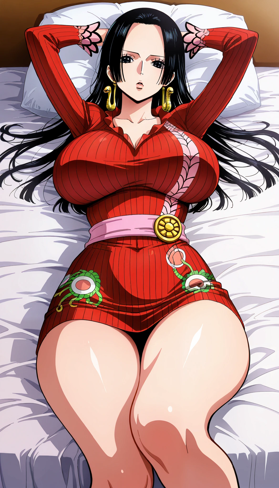 {best quality}, {very aesthetic}, {ultra-detailed}, {best illustration}, Boa Hancock, black hair, long hair, straight hair , black eyes, big breasts gyaru, busty , Big Butt, perfect and pronounced waist,35mm lens, f/1, on bed, hands behind the head,ribbed dress
