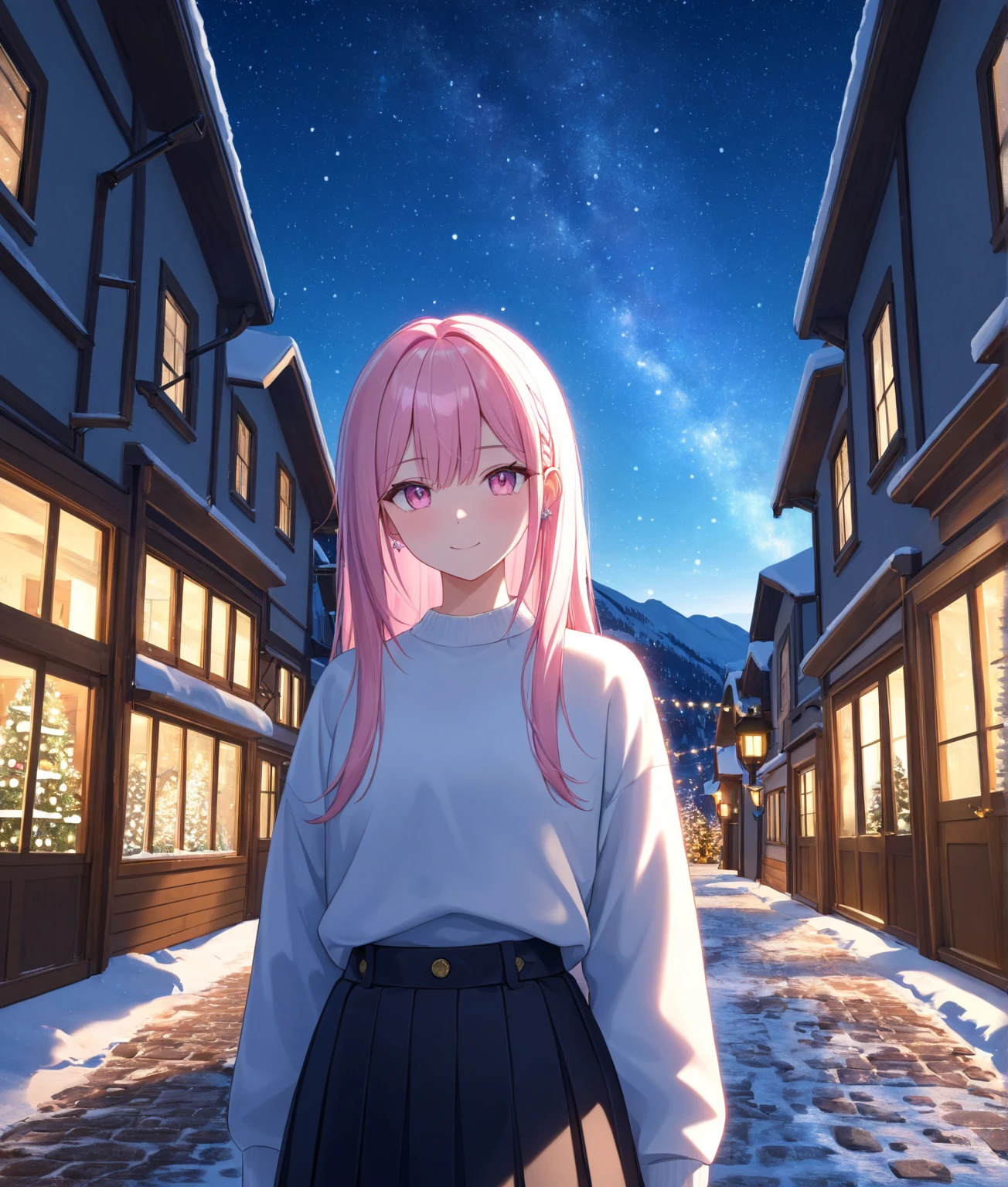 1girl, solo, Pink Shine Bright Hair, hair between eyes, Long hair, loose hair, aesthetic detailed eyes, (Pink shiny Bright Eyes), bright pink eyes, (pale cheeks), (skin colored cheeks), Mesmerise, Little smile, closed mouth, (half body, cowboy shot),  BREAK
(white shirt, dark blue knee-length skirt, long skirt), BREAK
(indoors, standing near the window, snowing outside, Christmas eve,winter, evening, lights), BREAK
HDR, 8K, masterpiece, best quality, amazing quality, very aesthetic, high resolution, ultra-detailed, absurdres, newest, scenery, 
masterpiece, scenery, aesthetic detailed background, best quality, game cg aesthetics, sharp focus, sharp details, beautiful detailed eyes, detailed skin, detailed hair, light particles,  photo background, depth of field, 
(masterpiece), best quality, ultra-detailed, 1024k UHD wallpaper, ultra-high resolution, depth of field, HDR, Ray tracing, RTX, high saturation, photon mapping, best texture quality, best compotitions, (extremely detailed CG 1024k wallpaper), High Details, Detailed face, Detailed Clothes, Ultra HD Photo, Perfect Face, expressive eyes, pale cheeks