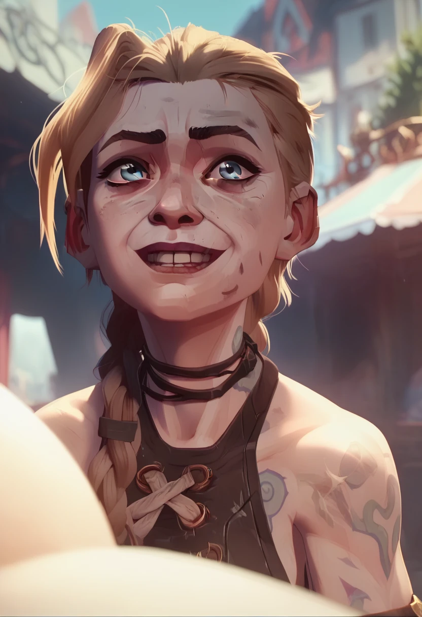 Acrane jinx. crazy,  in the city , black blouse, tattoos,  looks at the observer. Vin front , sexy smile, sexy pose,  seductive , no pants, Naked, very close 