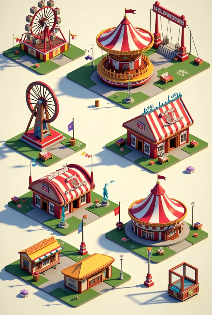 Design a detailed 3D asset pack for a vibrant carnival park in a low-poly art style. Include essential elements such as carnival rides (Ferris wheel, carousel, roller coaster, and swing ride), game booths (ring toss, dart boards, shooting galleries), food stalls (popcorn machines, candy floss, hot dog carts), and decorative props (banners, string lights, pennants, and colorful signs). Add ambient items like benches, trash cans, picnic tables, and ground textures (gravel, pavement, grass). Incorporate optional interactive props such as animatable turnstiles, prize claw machines, and coin slots. Emphasize modular and customizable elements to allow developers to create unique park layouts. Include a mix of whimsical and realistic details for a playful, engaging carnival vibe. Deliver assets optimized for Unity, Unreal Engine, and other game development platforms.realistic 