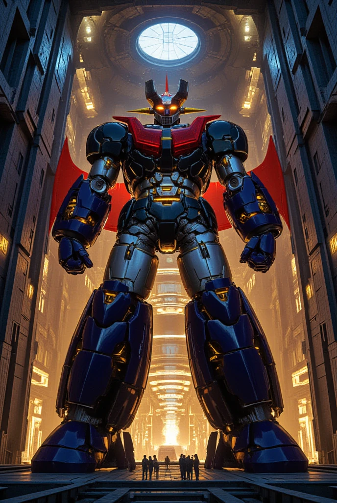  a very realistic version of the modified Mazinger Z,  Standing 100 meters high in a forward leaning position.   It's built with modern materials such as steel  ,   Carbon Fiber  ,   Other industrial elements are also visible  ,   just like the real thing  ,   has been carefully recreated 。.  set in a modern nuclear reactor facility 、 an industrial environment where a high voltage current flows and emits light   ,   Masinger Z standing around  ,   are illuminated by natural light  、  A huge structure highlighted by realistic shadows  . LED light lighting  　Gundam