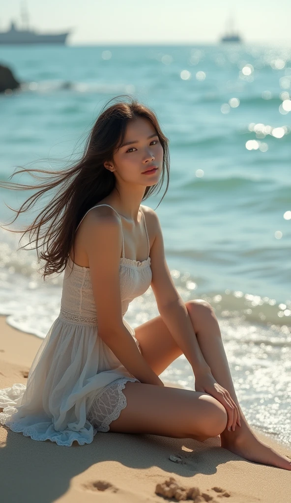 Beautiful and charming women in fashion trends, full body: 1.6, holding flowers, Random hairstyle, Sitting under a parasol, At the seaside, Random colored tight dress, The wind blows my hair., blue sky and white clouds, Delicate sexy collarbone, open chest, The goose egg face is charming., Double eyelids, The wise eyes of a peach blossom, pink lips, small upturned nose, bare shoulders, focused face, face close up, ultra high definition, Awesome details, Ultra-thin transparency, Fresh and good, see through, pink